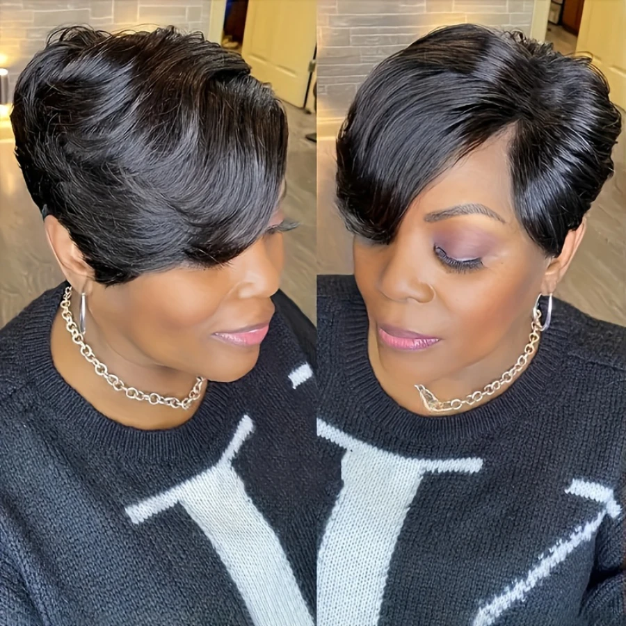 ショートピクシーカットウィッグ人毛ウィッグ女性用ウィッグ前髪付きレイヤードウェーブのかかったフルマシンメイドウィッグ