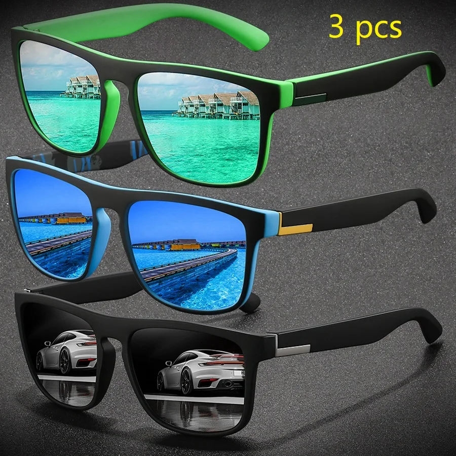 3 Pieces Fashion Vintage Square Sports Sunglasses Men Women Fishing Driving Man Brand Designer Sun Glasses Retro Eyewear UV400