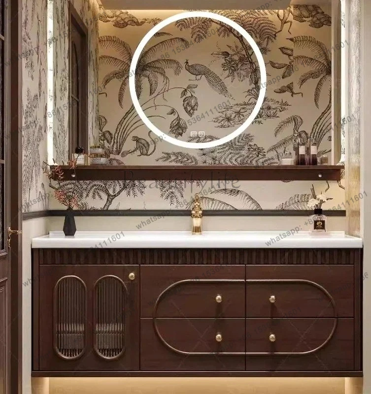 

Chinese antique bathroom cabinet combination bathroom ceramic walnut integrated wash solid wood washbasin