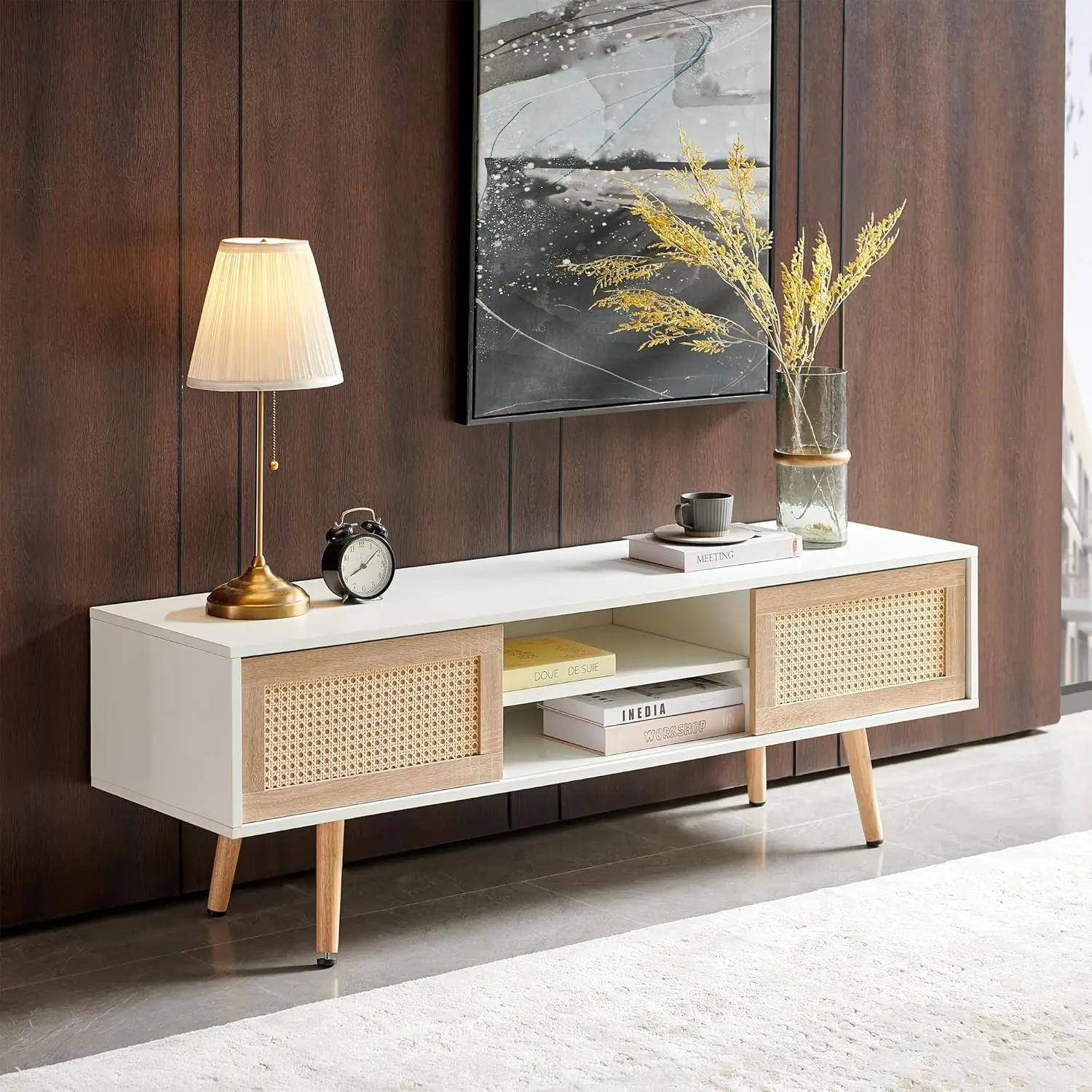 

Rattan TV Stand for TVS up to 65'' Boho TV Console with Rattan Sliding Doors and Adjustable Shelf Wooden TV Cabinet, Customized