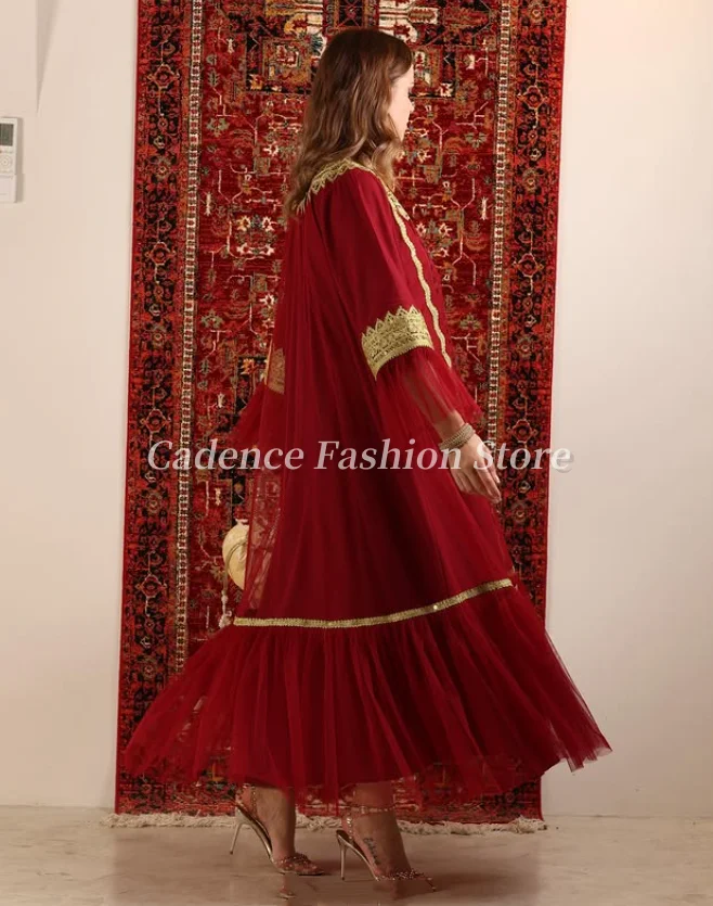 Customized Elegant Red Women's Arab Prom Dresses Flared Sleeve Gold Lace Applique Gowns Dubai Lace Evening Gowns
