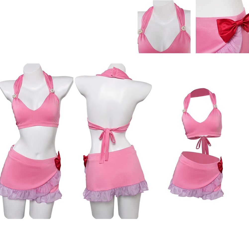 Final Cos Fantasy Aerith Cosplay Costume Adult Women Bikini Top Skirt Swimwear Necklace Outfits Halloween Carnival Party Suit