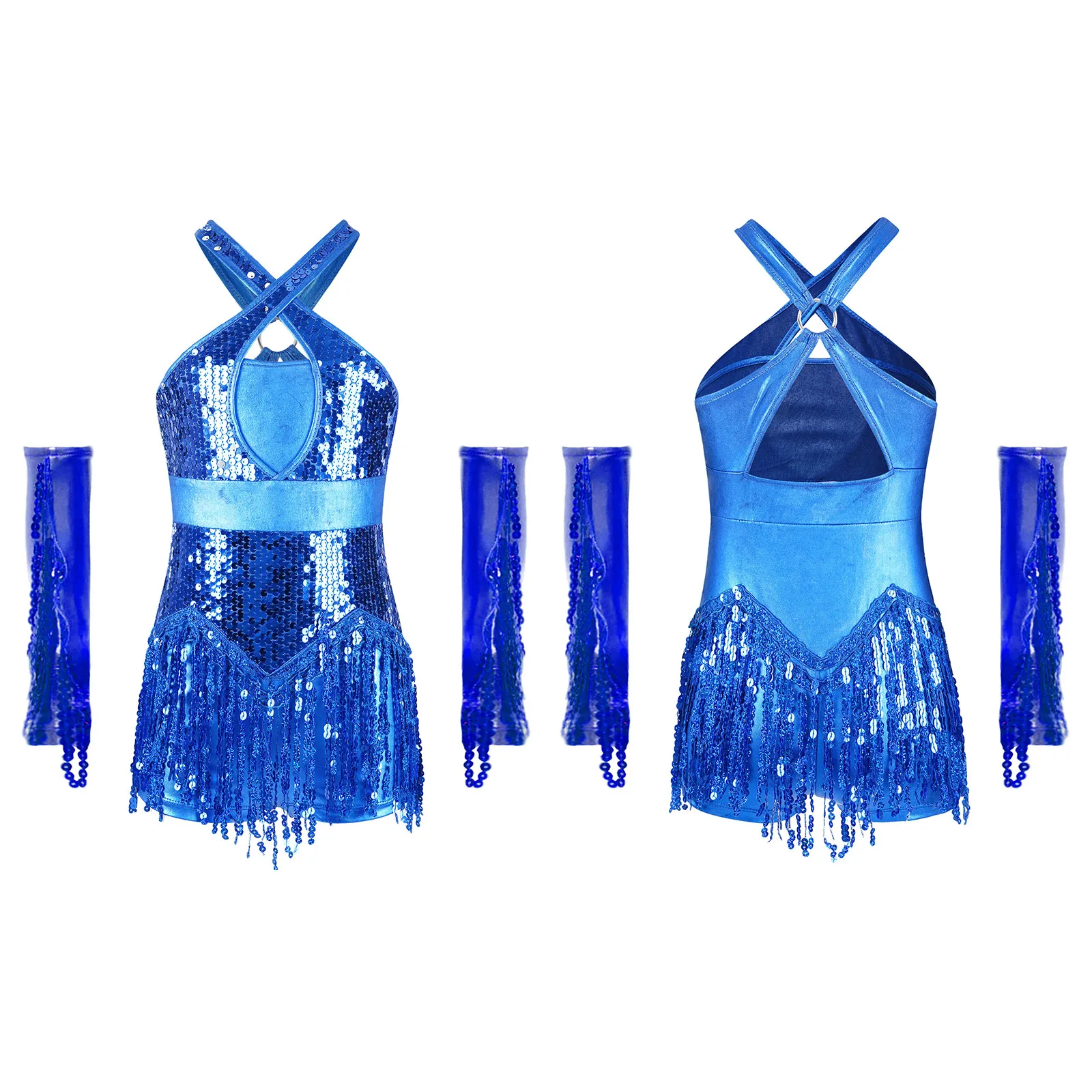 キッズガール体操ラテンジャズダンス衣装フィギュアスケートチャチャダンスパフォーマンスセットスパンコールタッセルレオタード+手袋セット