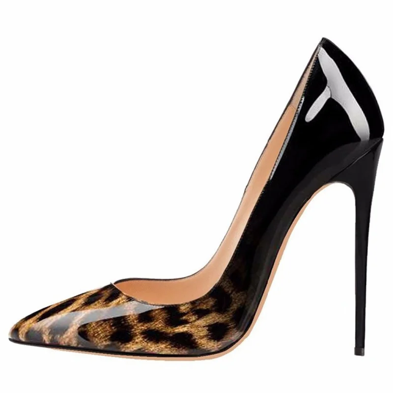 Sexy Women's Leopard Print Paint Gradient Leather High Heels Pointed Banquet Shoes 8-12cm Shoes Plus Size 34-45