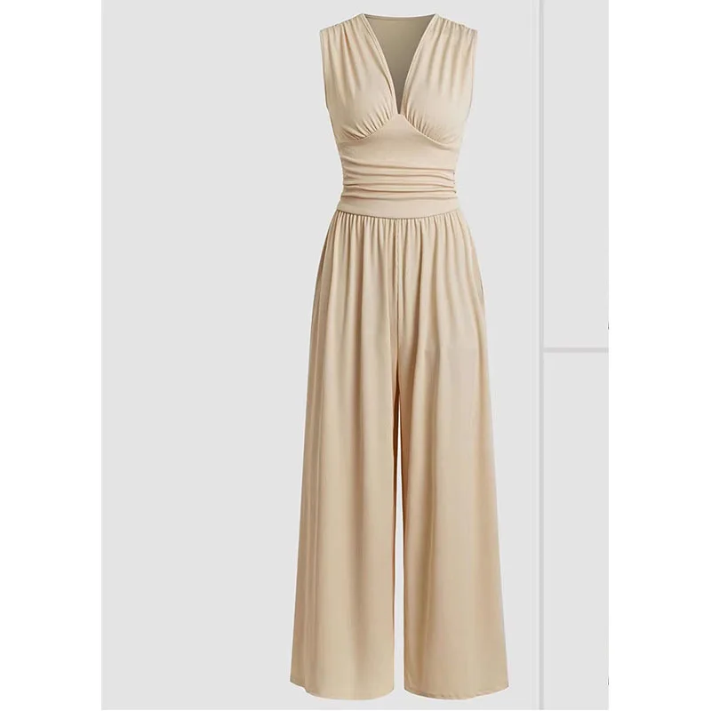 

Women's V Neck Sleeveless Silm Waist Jumpsuit Casual Wide Leg One Piece Pants Rompers
