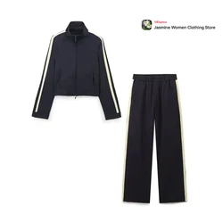 Casual Two Piece Set for Women Tracksuit Enseble 2 Pieces Femme Long Sleeves Jacket and Elastic Waistband Pants with Side Stripe