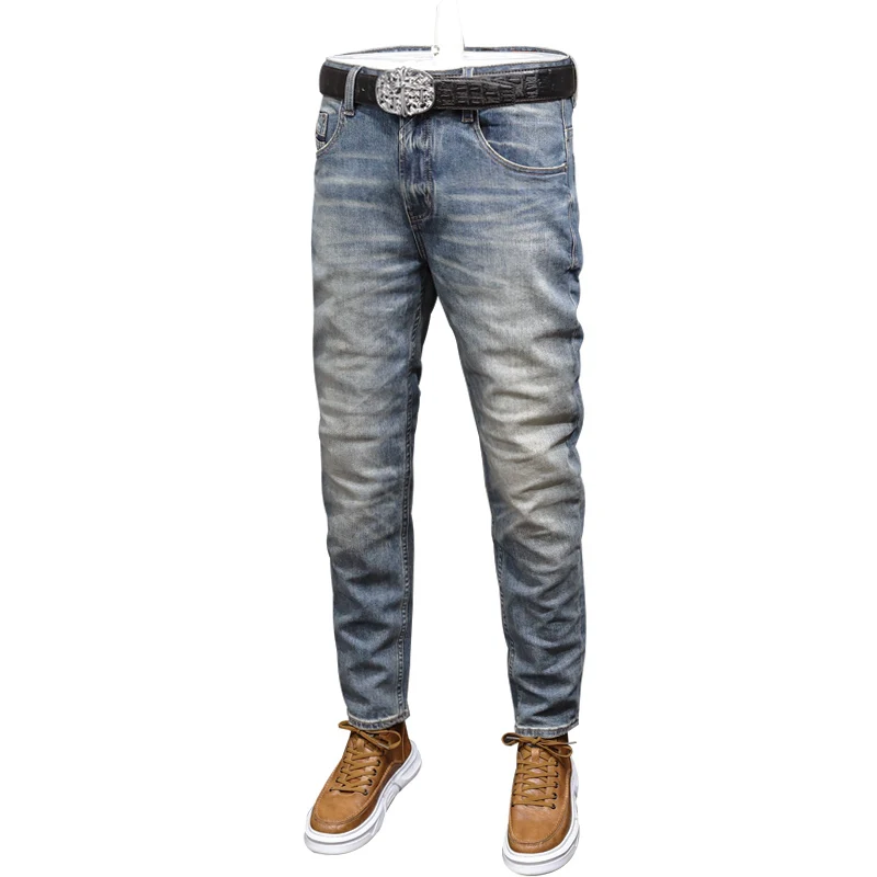 Italienischen Stil Mode Männer Jeans Retro Gewaschen Blau Stretch Slim Fit Zerrissene Jeans Männer Hohe Qualität Vintage Designer Denim Hosen