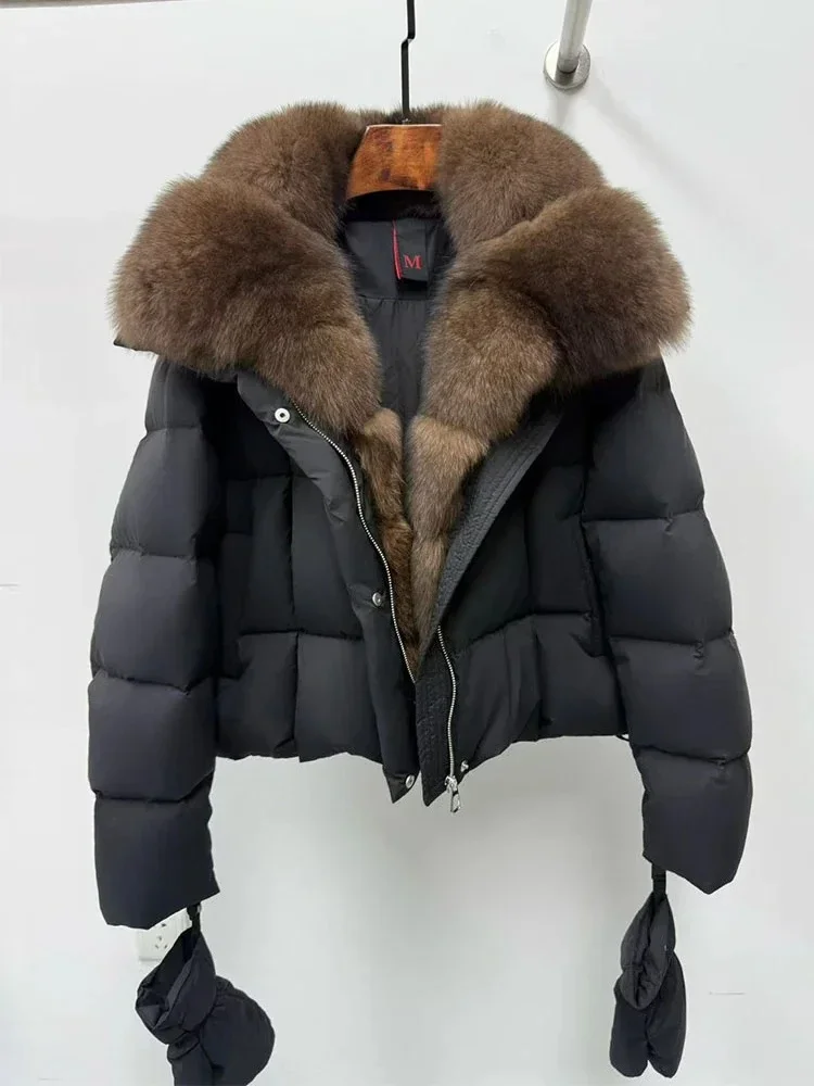 2025 Natural Fox Fur Collar Goose Down Jacket Women Luxury Down Jacket Huge Warm Puffer Jacket Casual Parka Outwear Down Coat