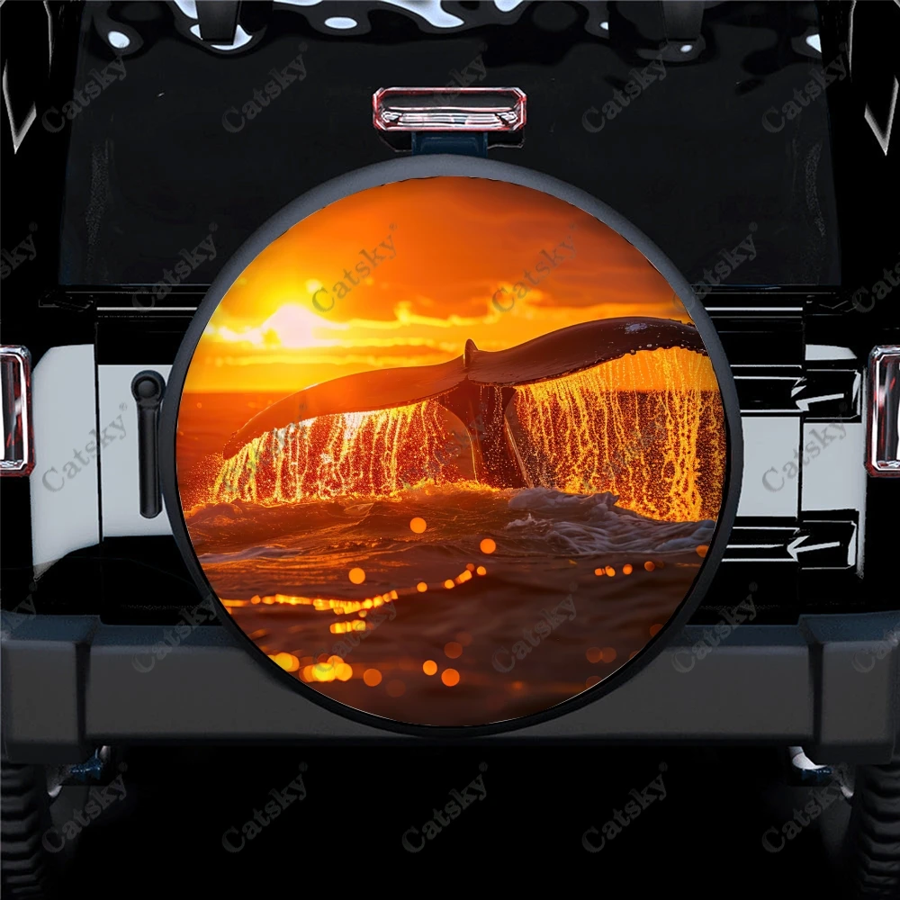 Humpback Whale at Sunset Polyester Universal Spare Wheel Tire Cover Custom Tire-Covers for Trailer RV SUV Truck Camper