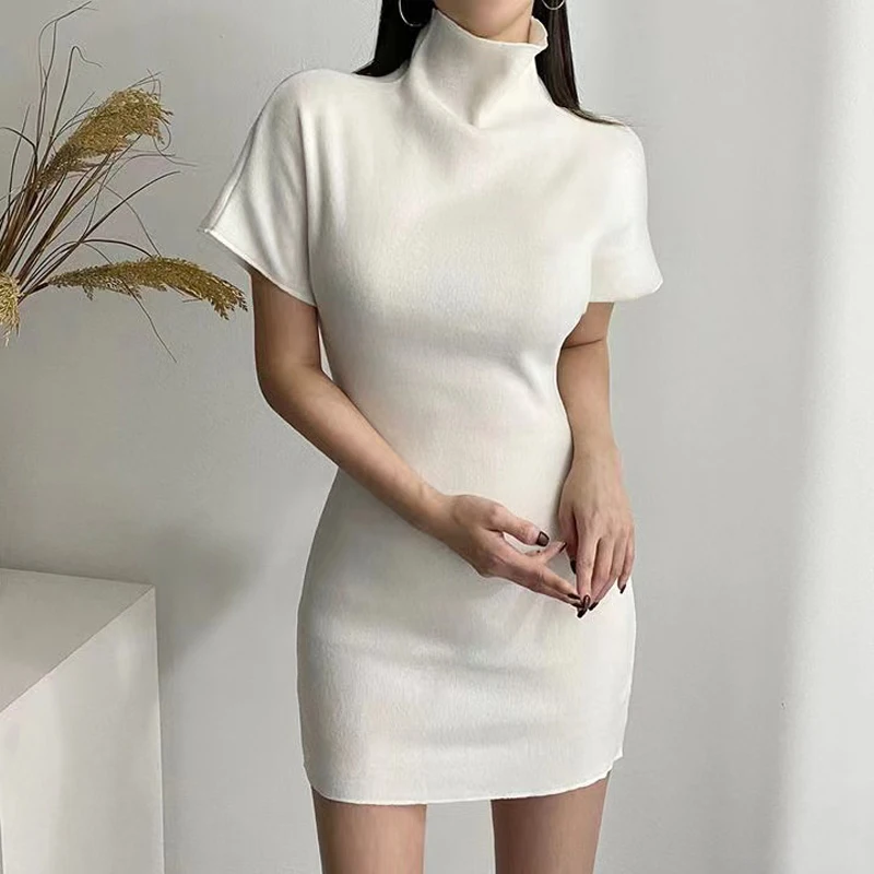 Vestido Mini de Veludo com Gola Alta Coreano para Mulheres, Confortável, Emagrecendo, Versátil, Camada Base, Novo Lançamento Primavera Verão