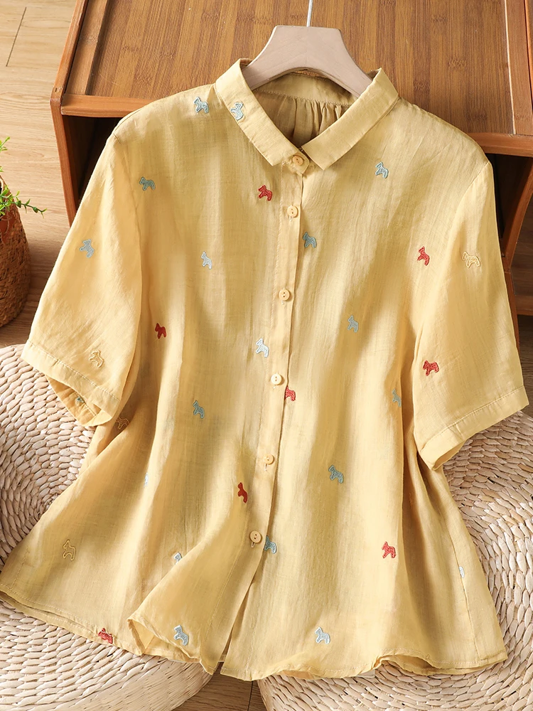 

Collar Linen Shirt Short Sleeve Button up Women's plus Size Summer Fashionable Trendy Print Casual Shirt