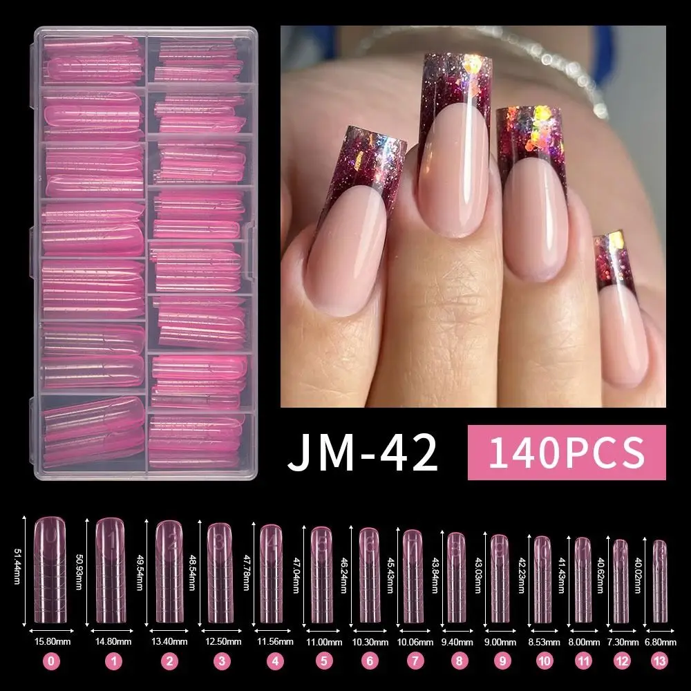 140個/箱 フレンチネイル デュアルフォーム クイックビルディング ジェルモールド スクエア ピンク 透明 ネイルエクステンションモールド フルカバー スケール付き