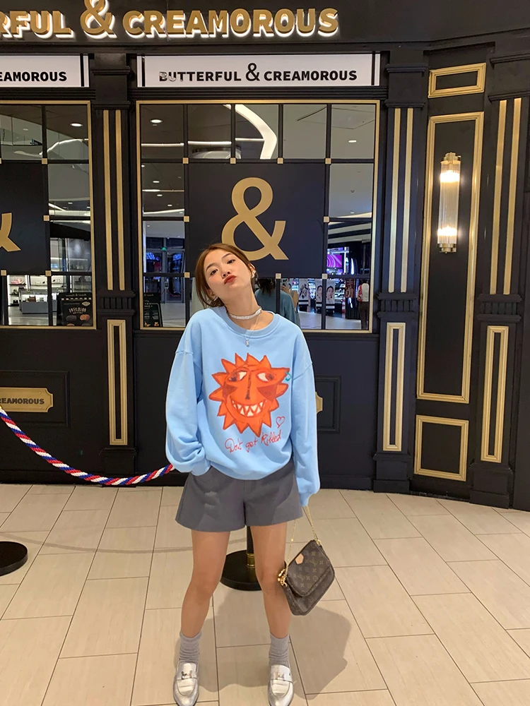 

Oversize Hoodie Women's Loose Outerwear Design Sense Overhead Autumn Blue Print Korean Sle Long Sve Cotton Blend