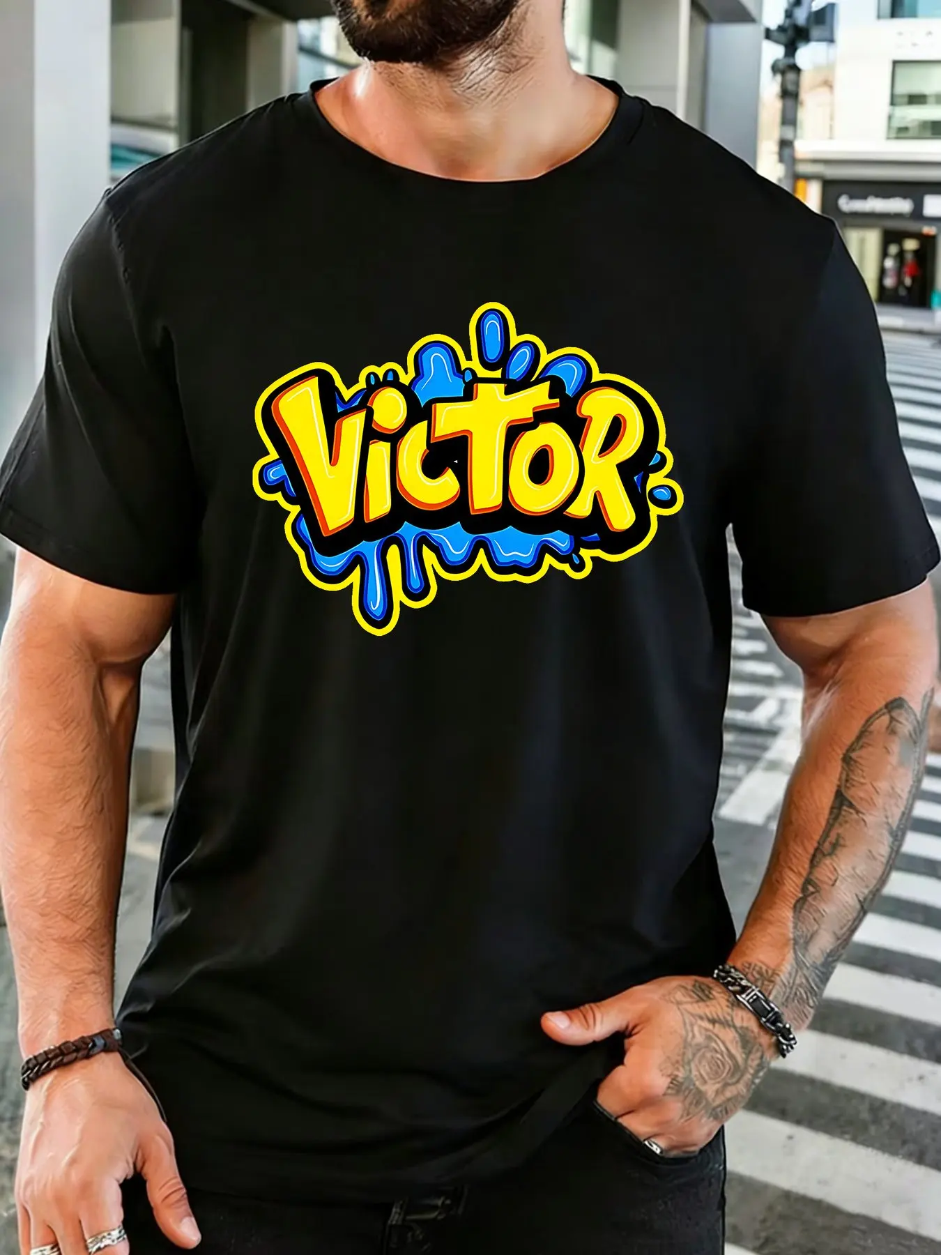 Fashion Mens Basic Cotton T Shirt Victor Splash Graffiti Custom Name Print Trendy Street Crew Neck Short Sleeve Casual Male Top