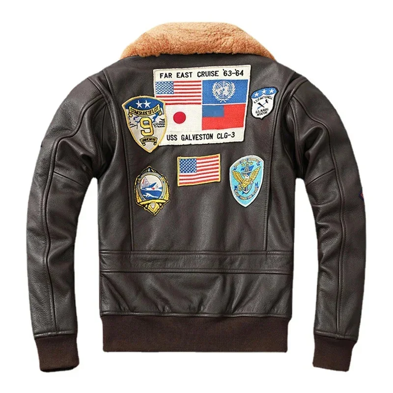 Embroidery Aviator Bomber G1 Flight Jacket Cowhide Leather Coat Men Air Force Winter Clothing AviationCoats Real Fur Collar M-XL