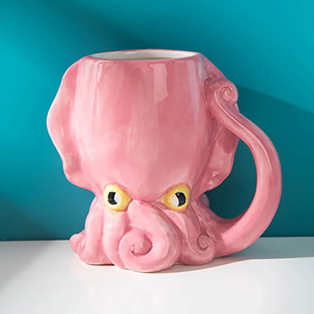 Funny Pink Octopus Ceramic Coffee Mug with Tentacle Handle Handcrafted Novelty 3D Porcelain Coffee Cups Personalized Gifts