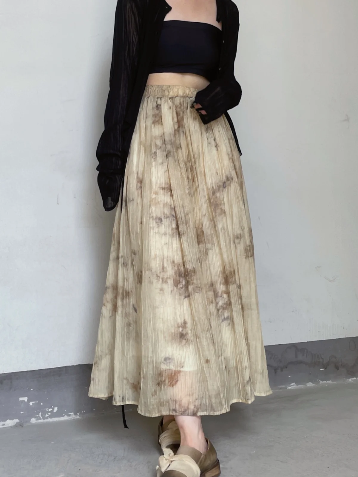 UMI MAO Cool And Chinese Style Skirts Femme Halo Dye Gradient Half Unique Design Sesame Big Swing Skirt For Women