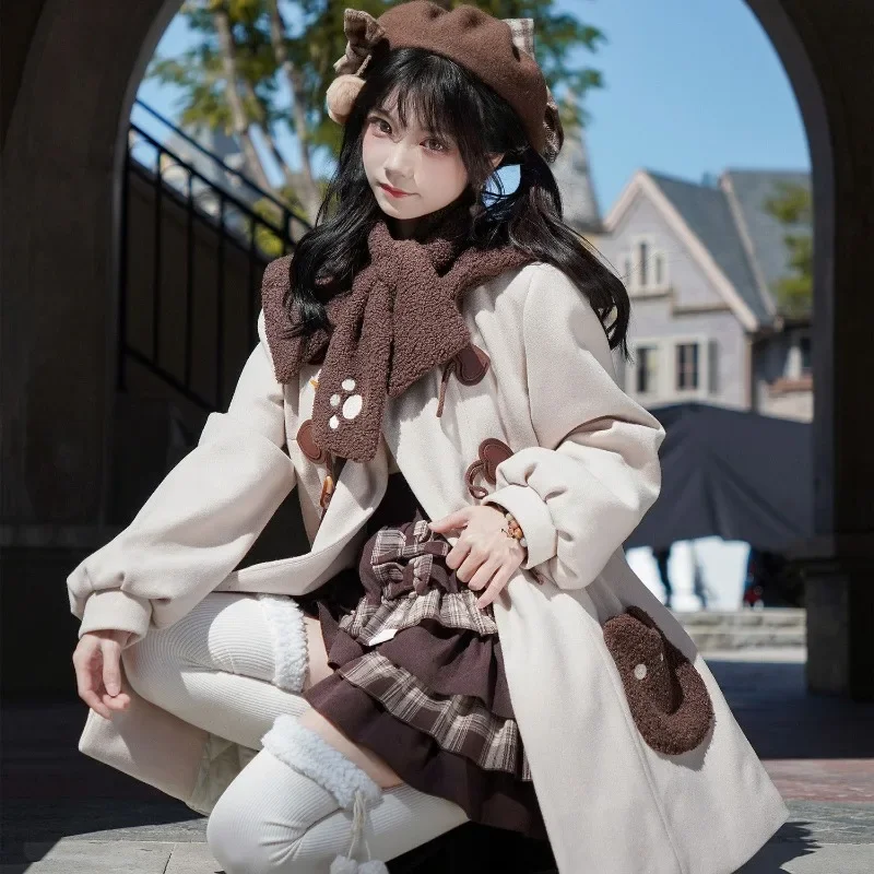 2025 New Japanese College Style Sweet Girl Bullhorn Button Coat Women Autumn Winter Kawaii School Uniform Loli Woolen Outerweat