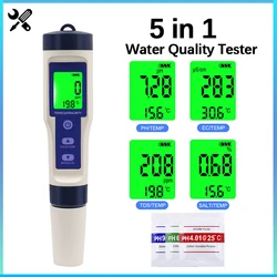 5 in 1 Water Quality Tester TDS Temp EC PH Salinity Meter LCD Display Aquarium Drinking Water Quality Monitor Hydroponics Tester