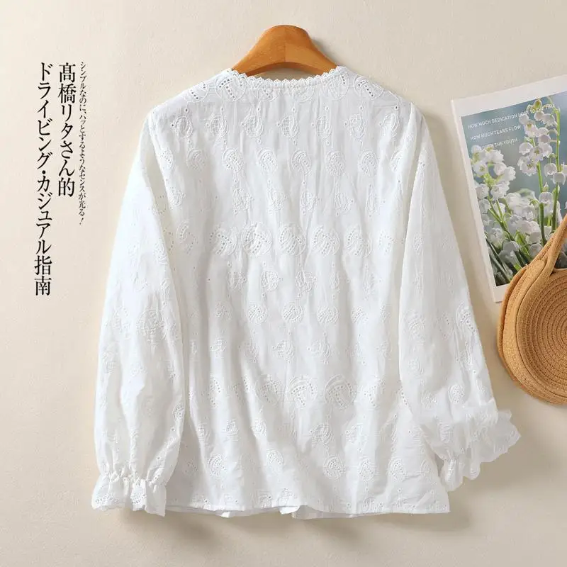 New Arrival 2024 Spring Autumn Arts Style Women Long Sleeve Single Breasted Casual Shirts Cotton Linen Embroidery Loose Blouse