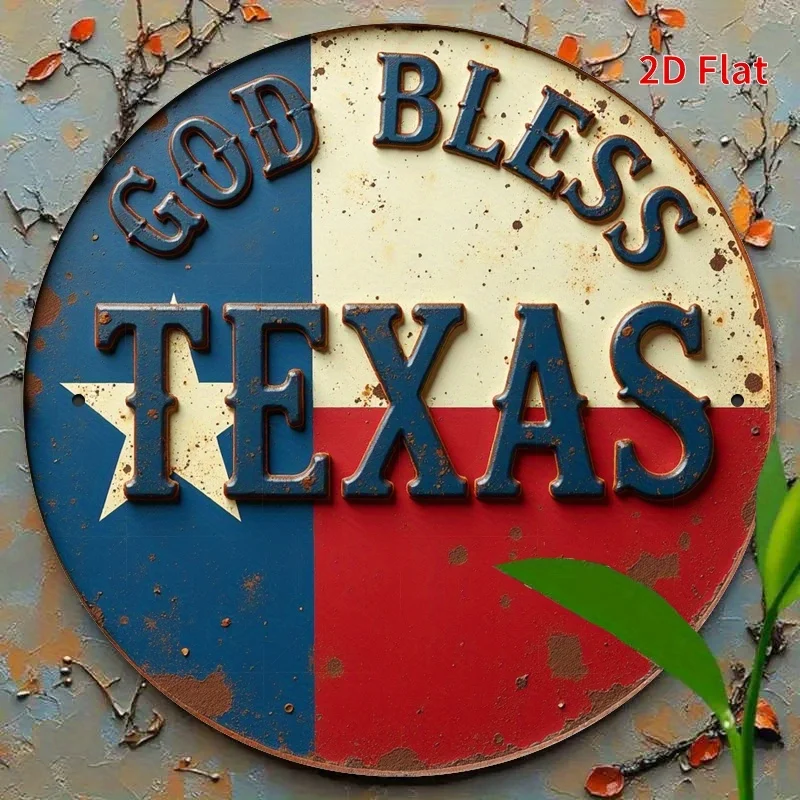 Sinal de arte de parede de metal plano 2D – placa decorativa redonda "God Bless Texas" com design de bandeira vintage do Texas, durável e fácil de pendurar