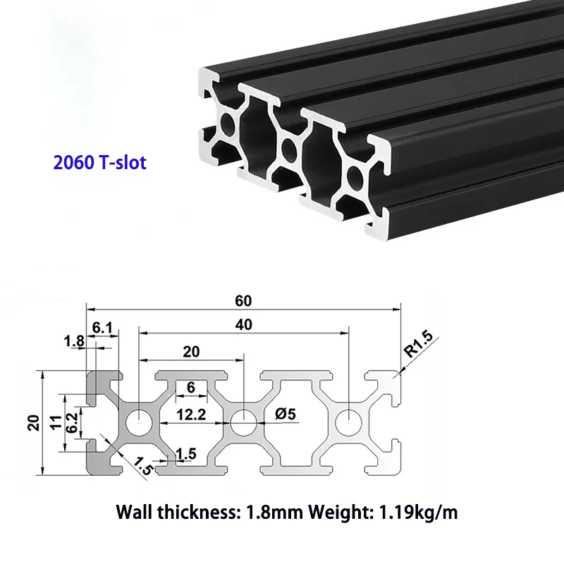 1 ST T-Slot Aluminium Profiel 2020 2020N2 2020R 2040 2060 3030 3030N2 3030R 3060 4040 4040R N2 EU Standaard Zwart Anodische Oxidatie