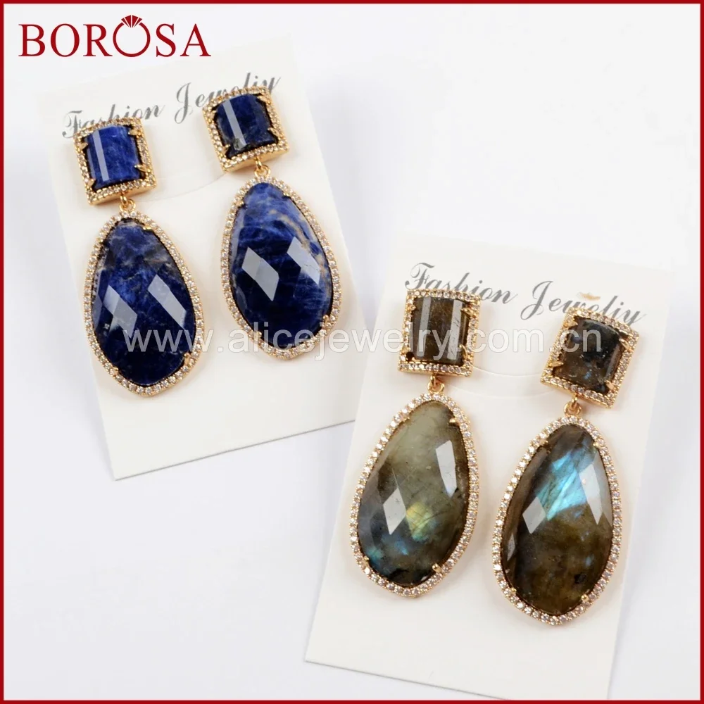 

BOROSA 4Pairs Micro Pave CZ Multi-kind Faceted Earring Fashion Natural Labradorite Lapis Stones Drop Earrings for Women Jewelry