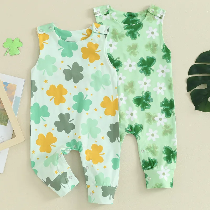 

Newborn Baby Girls Irish Day Jumpsuit Infant Sleeveless O Neck Clover Print Casual Romper