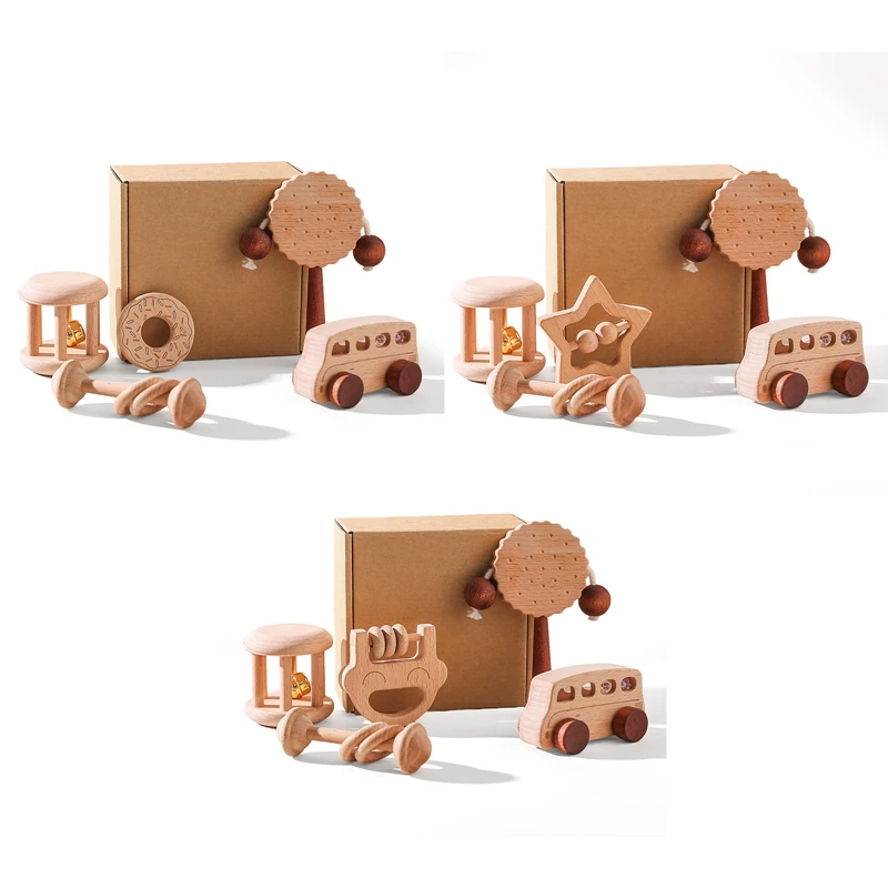 Baby Holz Rassel Spielzeug Buche Blöcke Cartoon Auto Rassel Spielzeug Kind Hand Glocke pädagogische Montessori Zahnen spielen Fitness studio Baby Spielzeug Geschenk