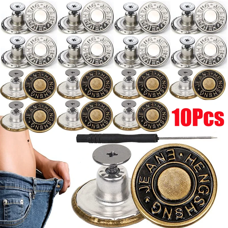 10Pcs Detachable Jeans Screw Button Snap Fastener Pant Pins Nail Free Jeans Adjustable Waist Alloy Buckles Sewing Accessories