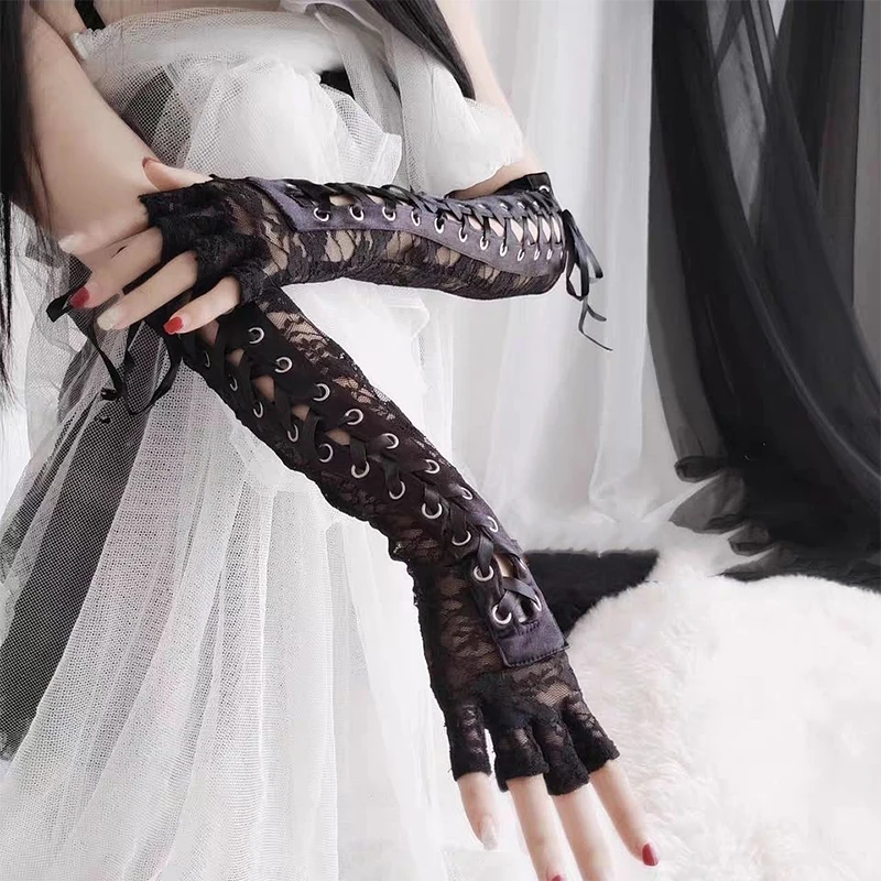 Kobiety Sexy Gothic Punk rękawiczki koronkowy pasek klamra na ślub bal rękawiczki pół palca uroczyste rękawiczki nieszczelne palec rękawiczki Arm