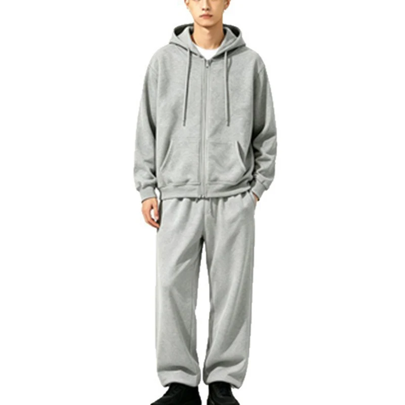 Men Full Zip Hooded Jacket Drawstring Loose Wide Leg Sweatpants Two Piece Tracksuit Set