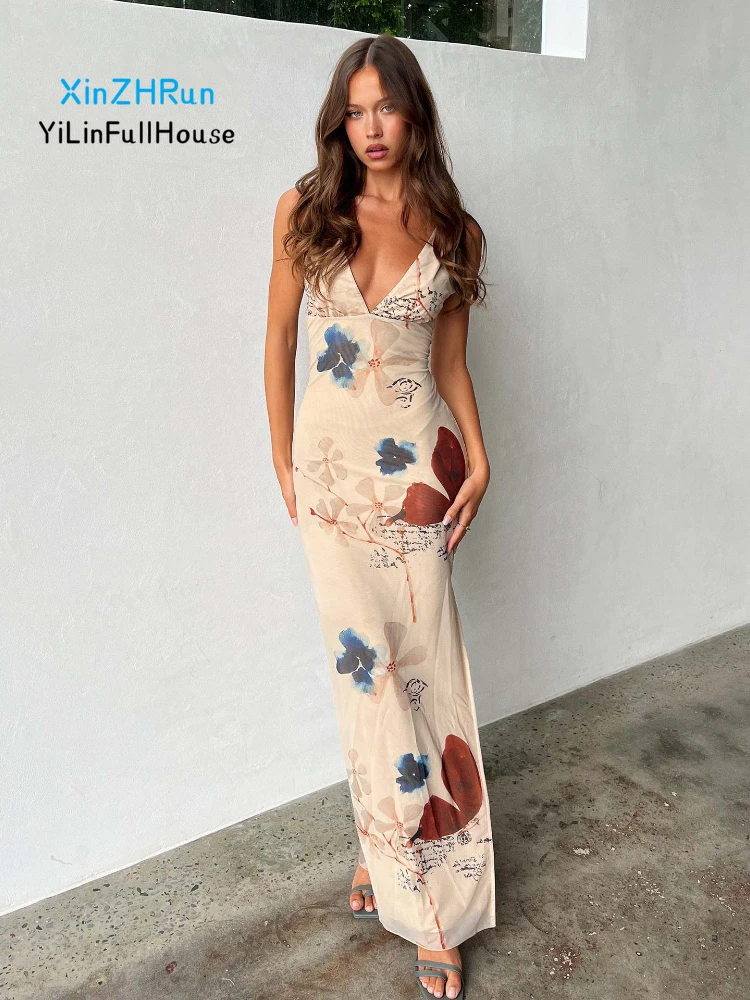 

Женское Сетчатое платье с открытой спиной, длинное облегающее платье с глубоким V-образным вырезом, завышенной талией, разрезом и принтом бабочек, Новинка лета 2024