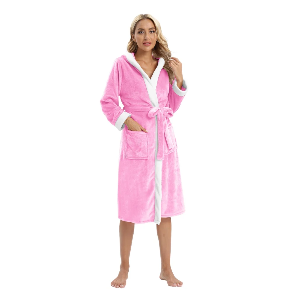 Bathrobes For Women Soft Flannel Robes With Pocket Splicing Hooded Long Sleeve Thickening Bandage Home Clothes
