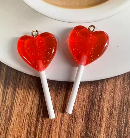 10Pcs color 3D Blingbling Glitter Hearts Lollipop Resin Charms Imitation Candy Pendant For Necklace Earring Jeweley Making