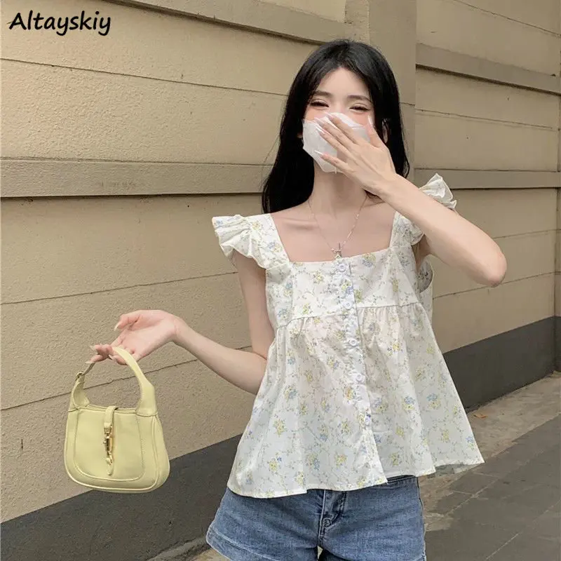 

Flying Sleeve Floral Shirts Women Summer New Sweet Ruffles Temperament Loose Casual Korean Style Holiday Tender Chic Streetwear