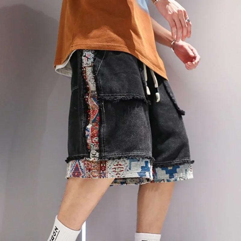 

Straight Drawstring Short Jeans Pants for Men Baggy Man Denim Shorts Half with Pockets Loose Bermuda Long Wide Trend 2025 Summer