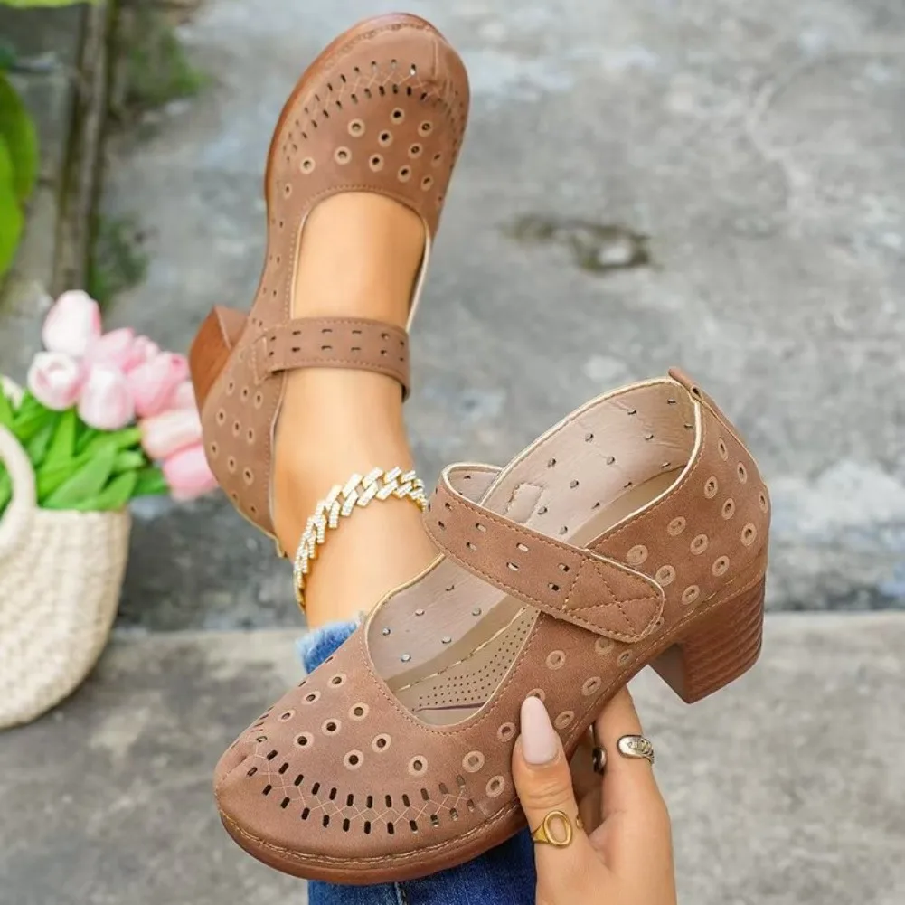 2026 Summer New Women Shoes Plus Size Chunky High Heel Sandals Hollow Closed Toe Slip-On Mueller Sandals Women Sandalias Mujer image 5