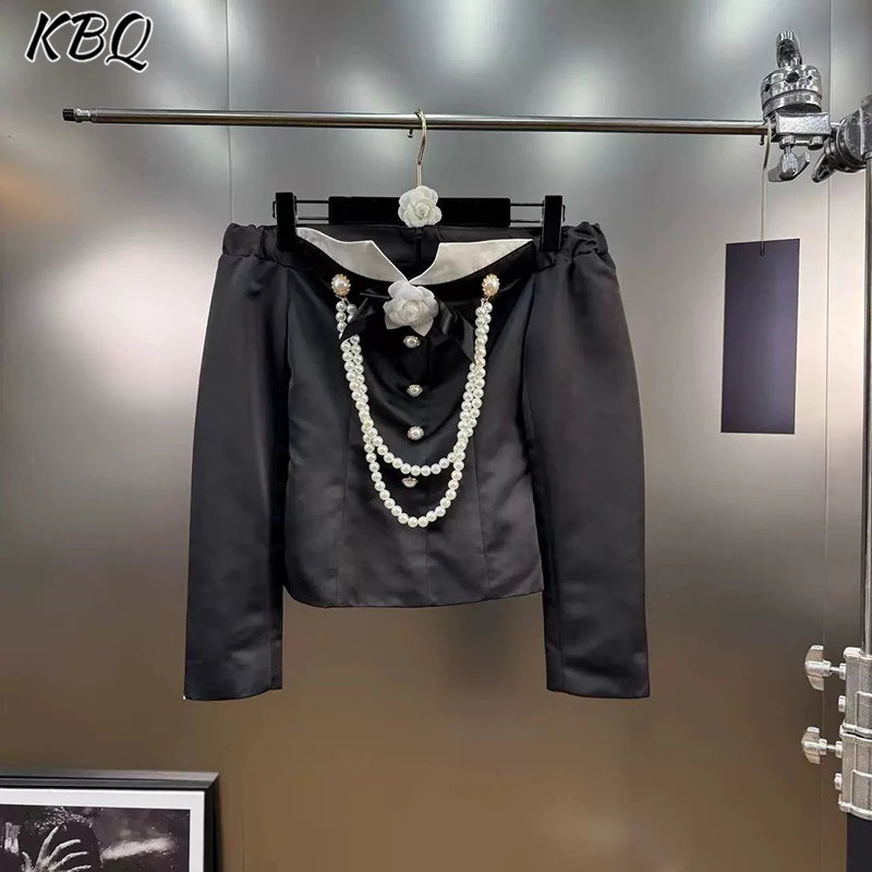 

KBQ Solid Spliced Butterfly Knot with Large Beads Coats for Women Slash Neck Long Sleeve Temperament Jackets Female Fashion New