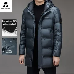 Chaqueta larga de plumón de pato 90% para hombre, chaqueta gruesa y cálida con capucha desmontable, abrigo impermeable informal de cuero PU, ropa para hombre