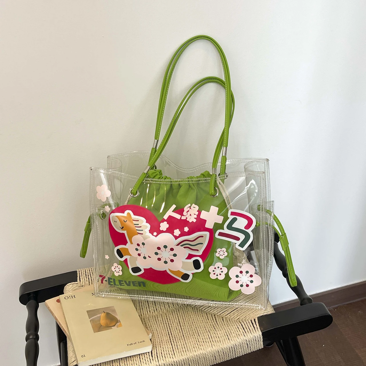 

Прозрачная сумка-тоут из ПВХ с мультяшным принтом лошади для женщин, летняя вместительная сумка-желе через плечо для шопинга и путешествий