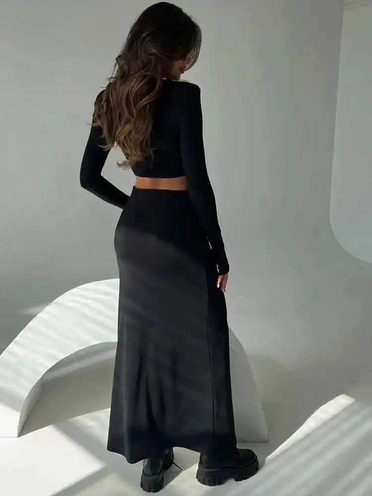 BabYoung جولة الرقبة قطعتين المرأة البدلة كم تي شيرت طويل الإناث الخريف الشتاء ضئيلة تنورة أنيقة مجموعات