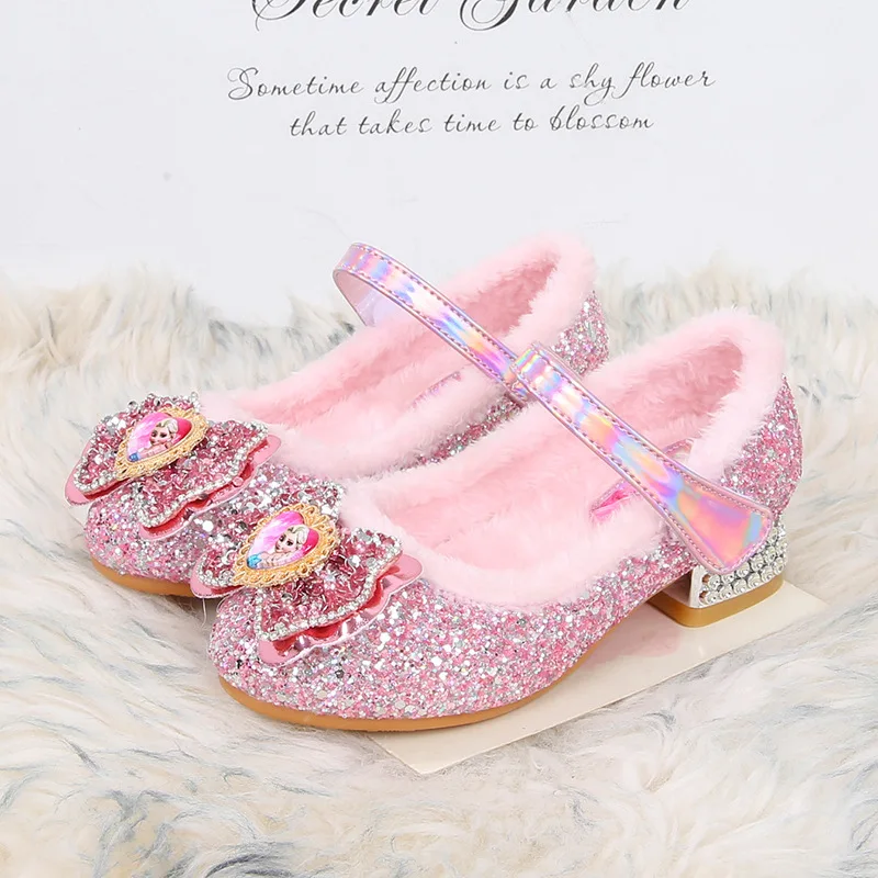 

Disney Elsa Girls High Heels Shoes Girl Crystal Leather Shoes Children's Princess Warm Winter Large Children's Party Show Shoes