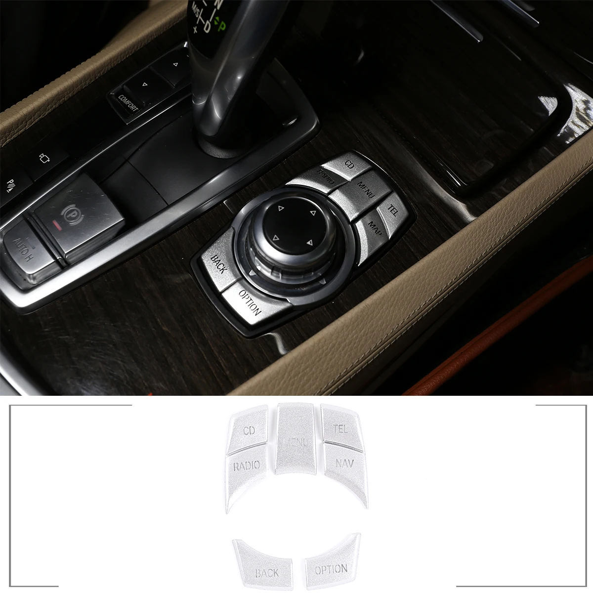 Applicable For BMW Multimedia Button Stickers - Model C3-(NAV+CD) Silver 5 Pieces Set