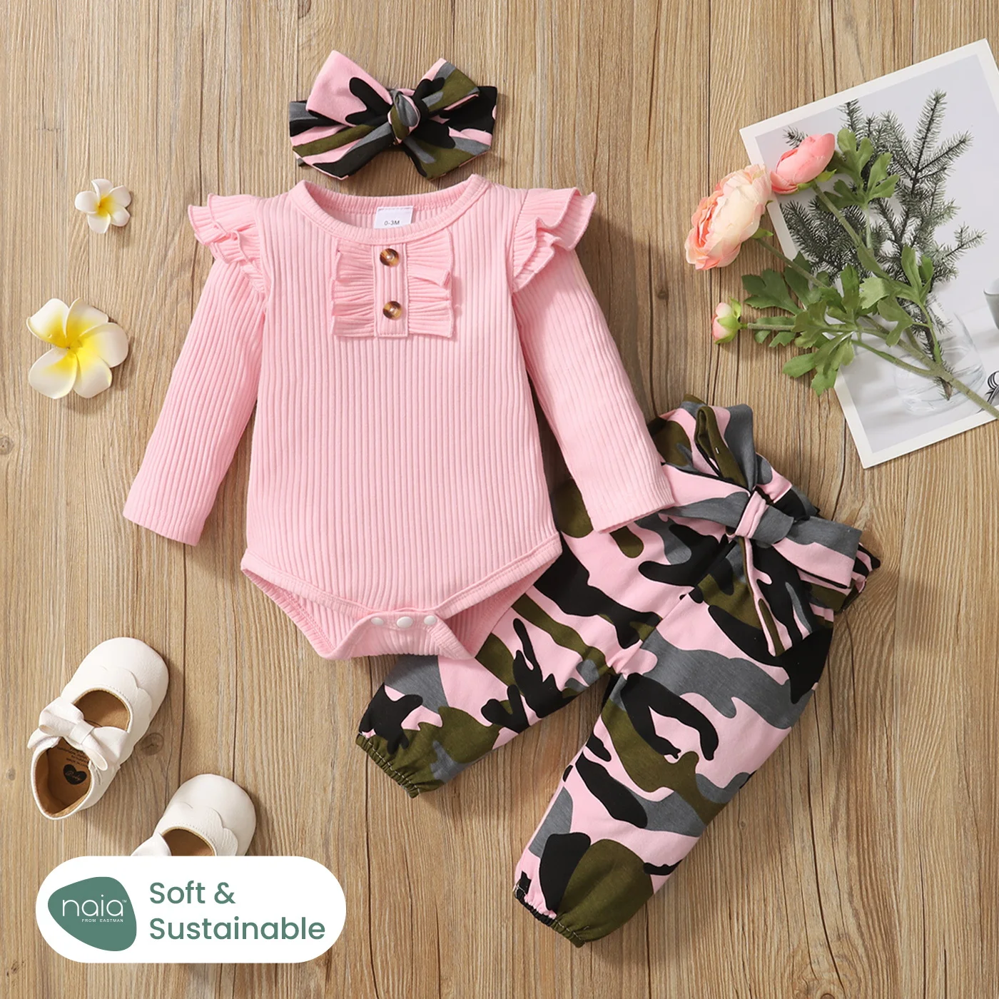 

PatPat 3pcs Baby Girl Solid Cotton Ribbed Long-sleeve Romper and Camouflage Print Belted Pants & Headband Set