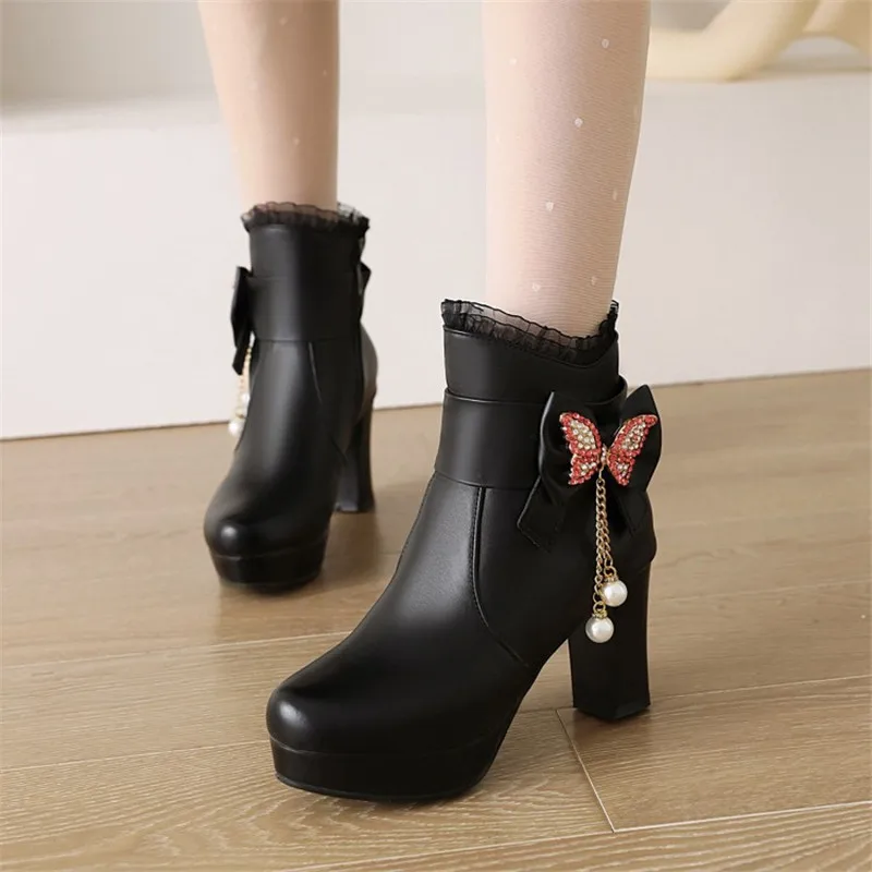 Size 29-43 Girls Boots Women High Heel Ankle Boots Fashion Round head  Winter Zipper Boots Female Party Shoes Black White Pink