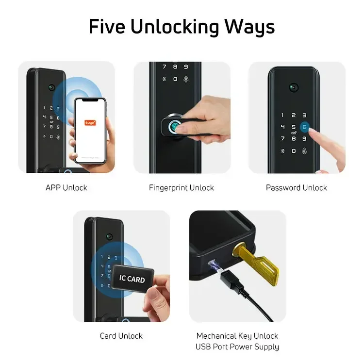 Eletrônico Keyless Digital Door Lock, Cartão Chave com senha, TTlock impressão digital, Tuya Smart Door Lock com câmera