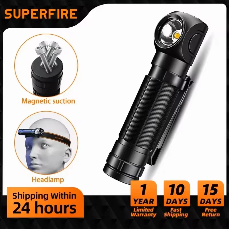 أحدث المصابيح الأمامية SUPERFIRE عالية الطاقة LED USB قابلة للشحن 90 ° المصباح الشعلة البسيطة مؤشر مقاوم للماء المغناطيس الذيل مصباح يدوي