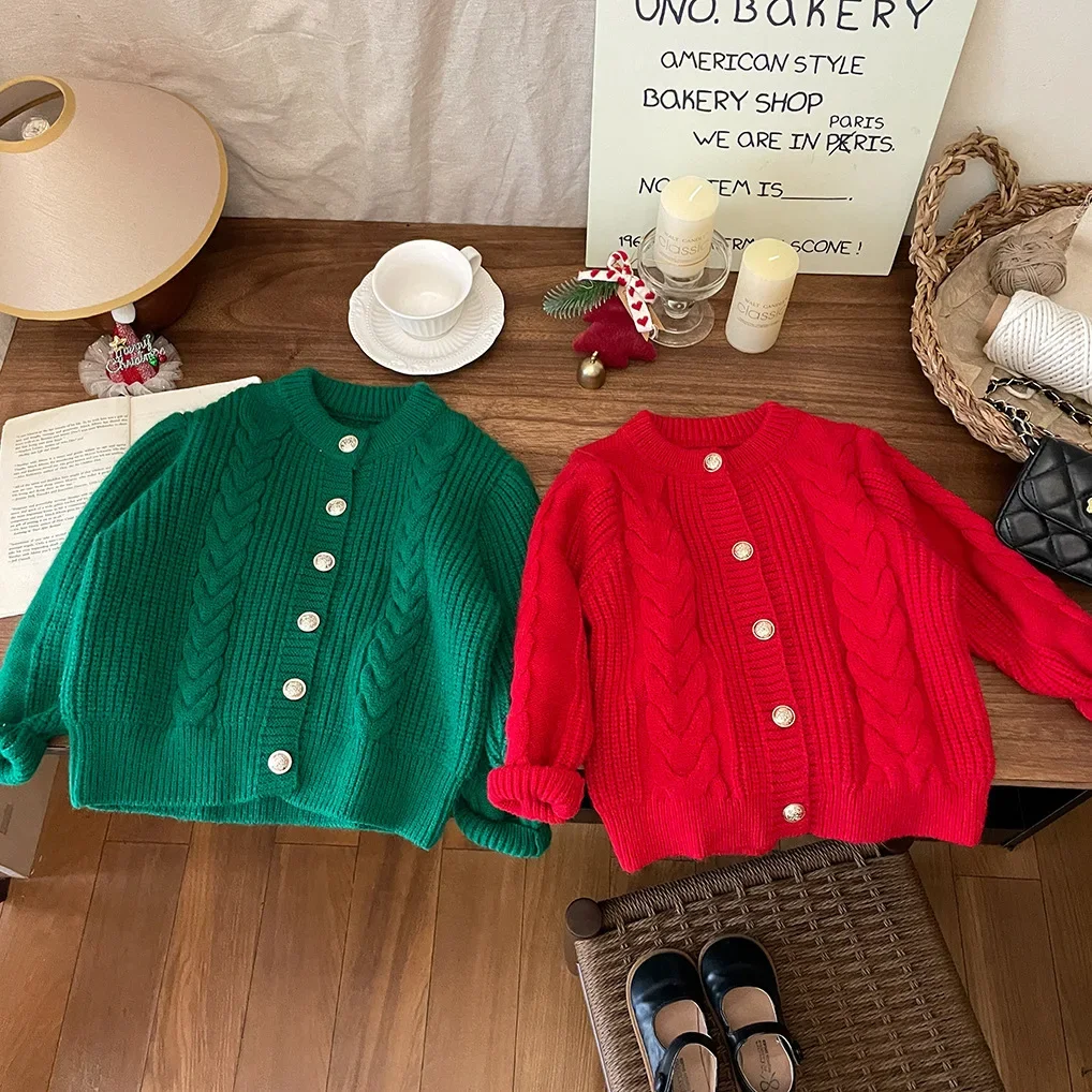 Children's Clothing Korean 2024 New Baby Autumn Winter Clothing Girls Red and Green Cardigans Thick Sweaters Trendy