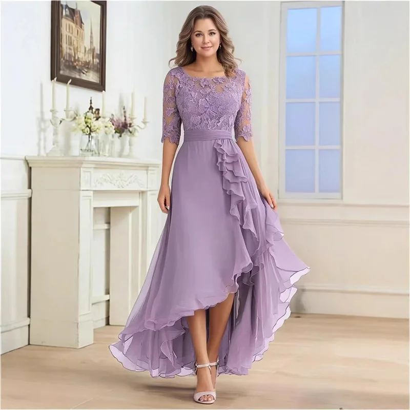 High Low Chiffon Applique Lace Half Sleeve Mother Of The Bride Dress Outfits Evening Formal Prom Floor Length Zipper Plus Size
